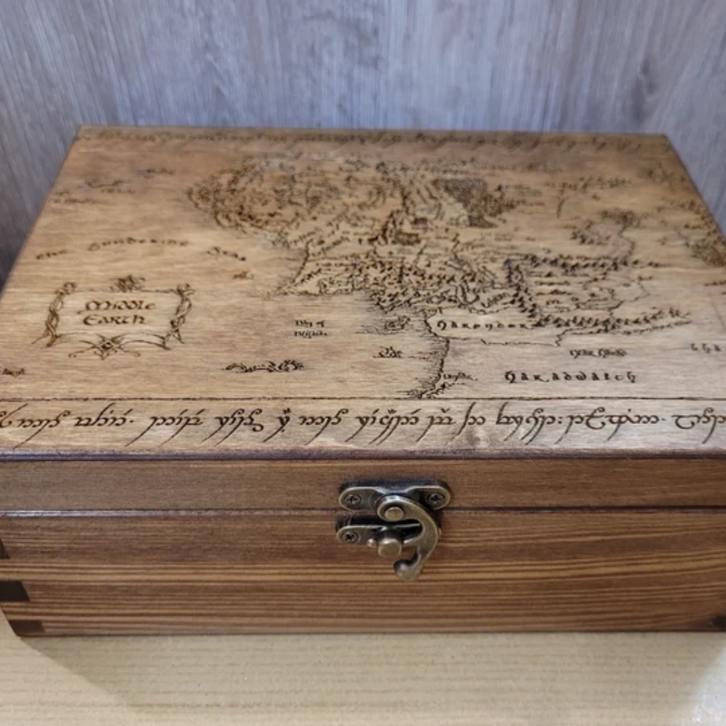 Lord of the Rings Middle Earth Map Wooden Box with Elvish Engravings © RavenWoodsCraftShop | etsy.com