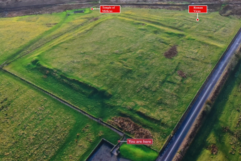 Aerial Photo of Carrawburgh Fort and Temple of Mithras (Photo taken of English Heritage information Board) © essentially-england.com