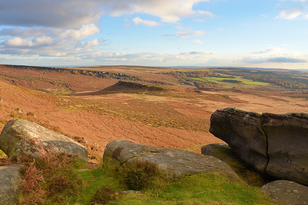 View of Carl Wark Hillfort, Burbage South Edge, and Longshaw Estate from Higger Tor © essentially-england.com